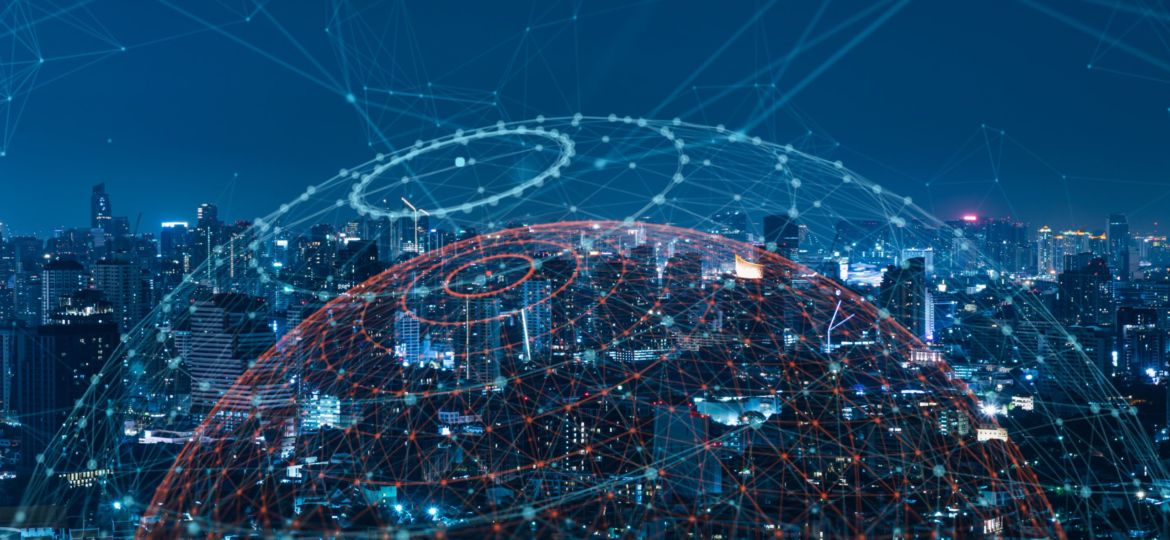 Modern city with wireless network connection and city scape concept.Wireless network and Connection technology concept with city background at night.